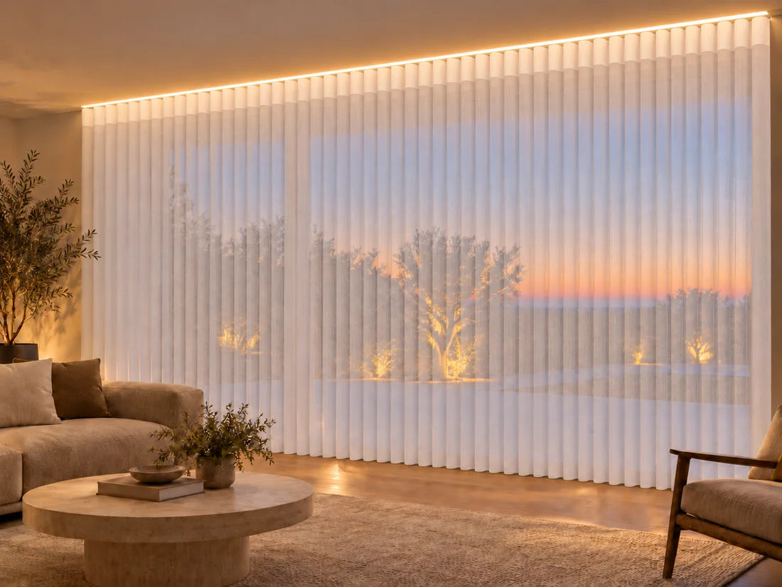 Interior visualization of white curtain panels with warm LED light along the track