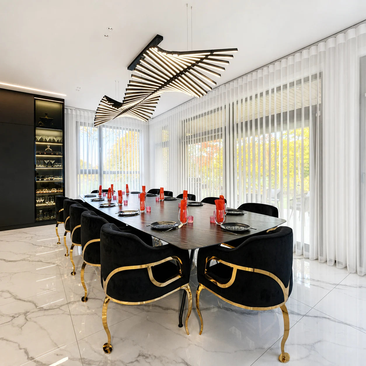 Walk-through curtains across patio doors in a dining room