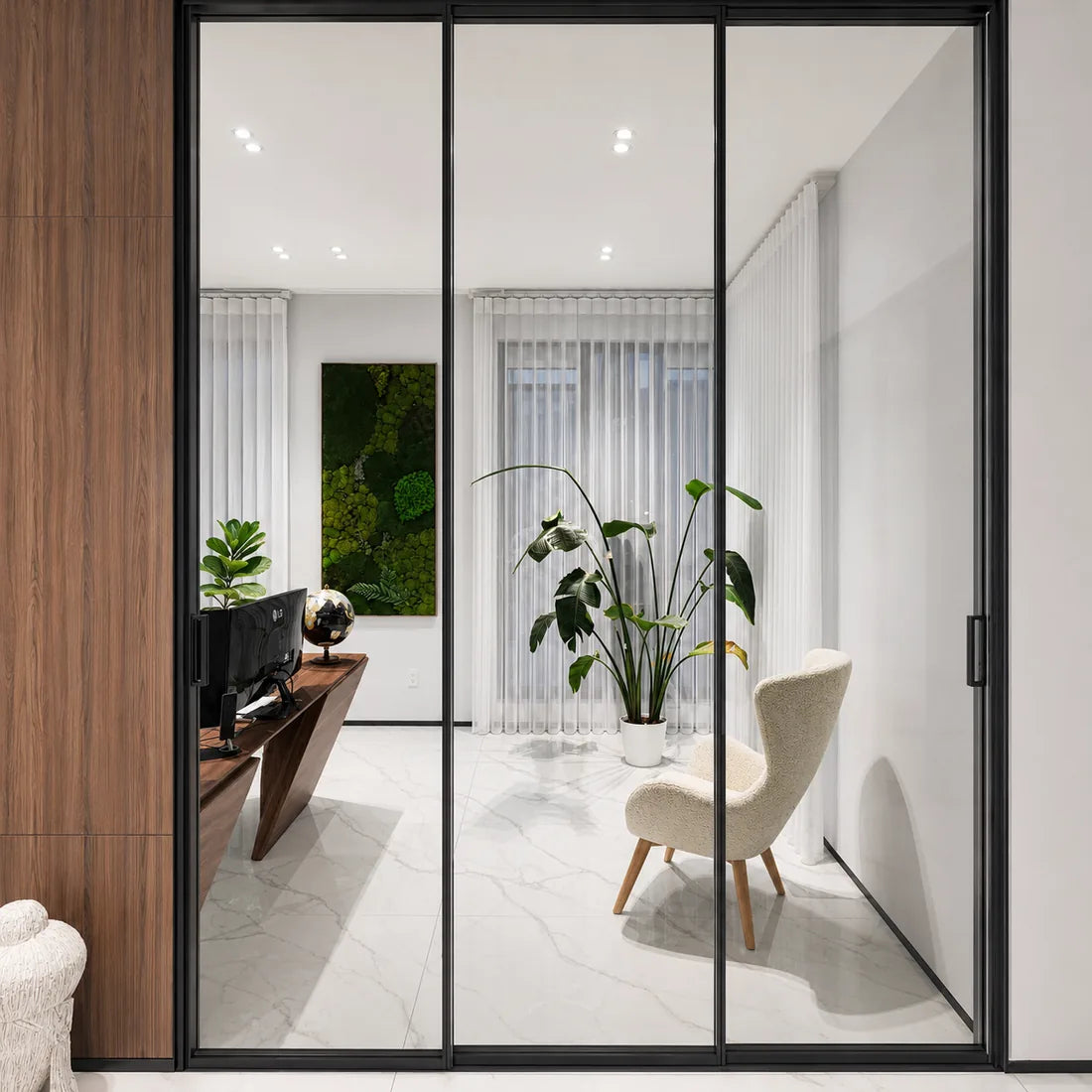 Design visualization of white curtains in a modern room behind glass doors