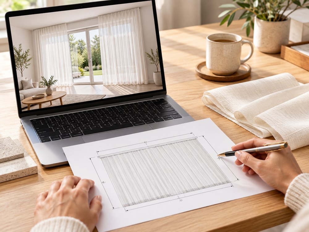 A customer reviewing a room design and measurement drawing