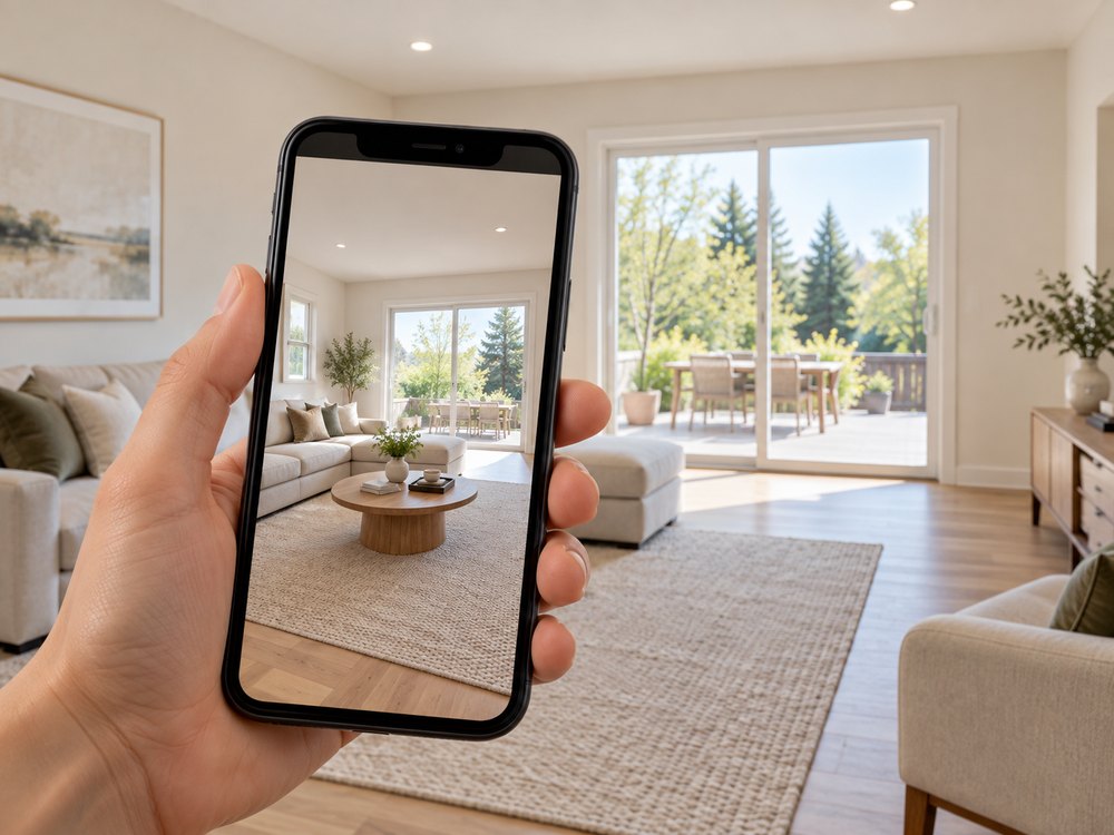 A phone photographing the whole room and bare patio door