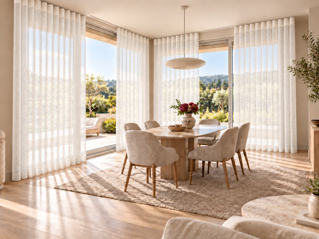 A bright room with separate Dreamlike C-wave curtain panels at the patio door