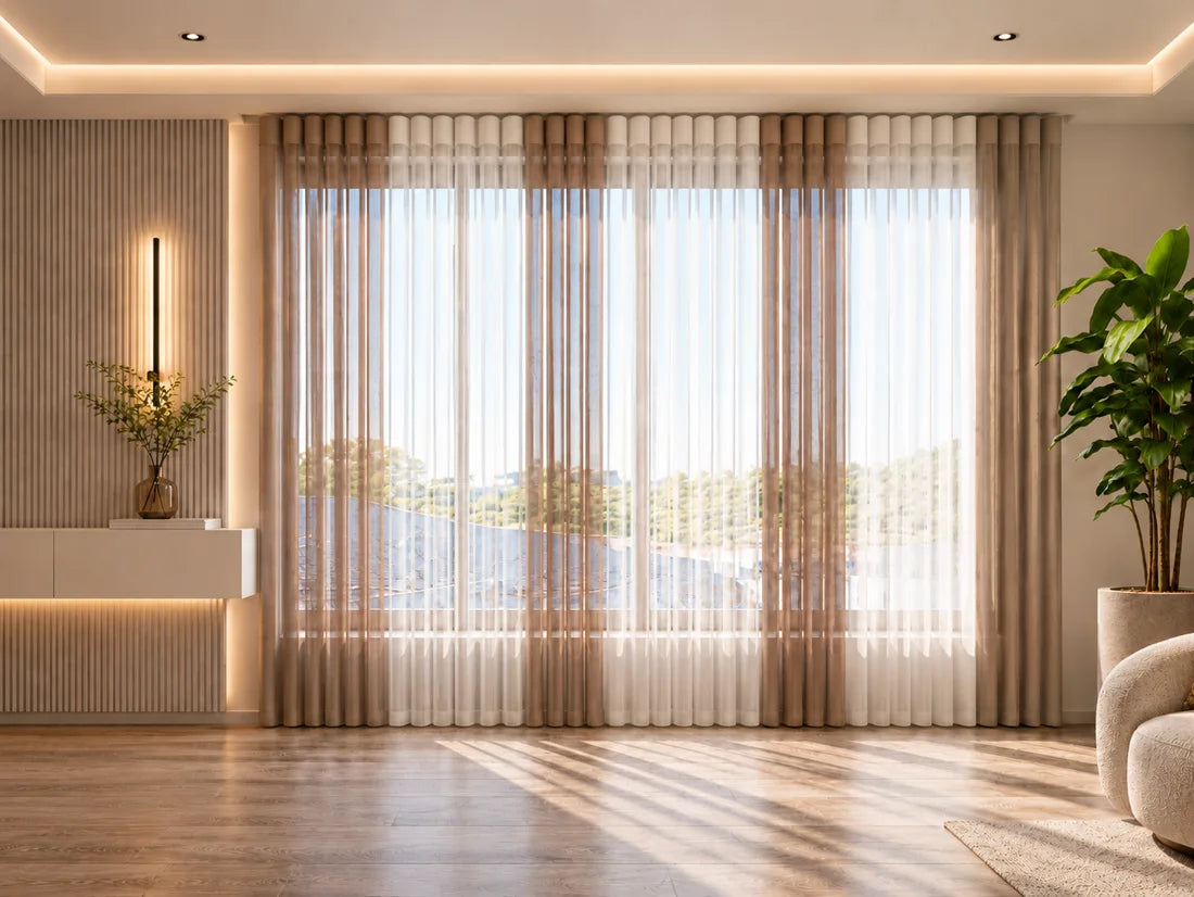 Interior design visualization with alternating taupe and ivory individual curtain panels